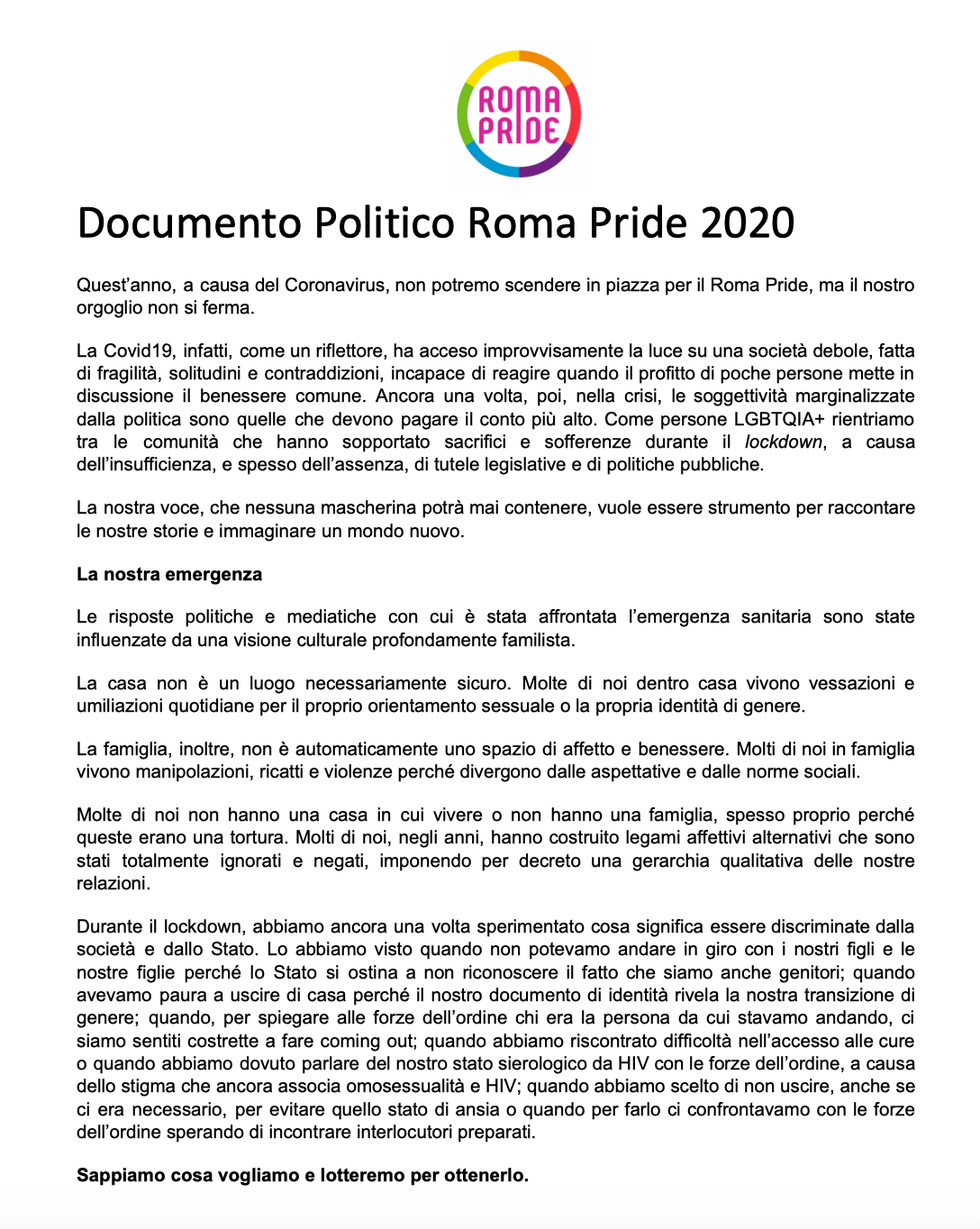 Roma Pride 2020, il Coronavirus ferma la parata ma non l’orgoglio - documento politico, spot e manifesto - Schermata 2020 06 13 alle 11.19.50 - Gay.it