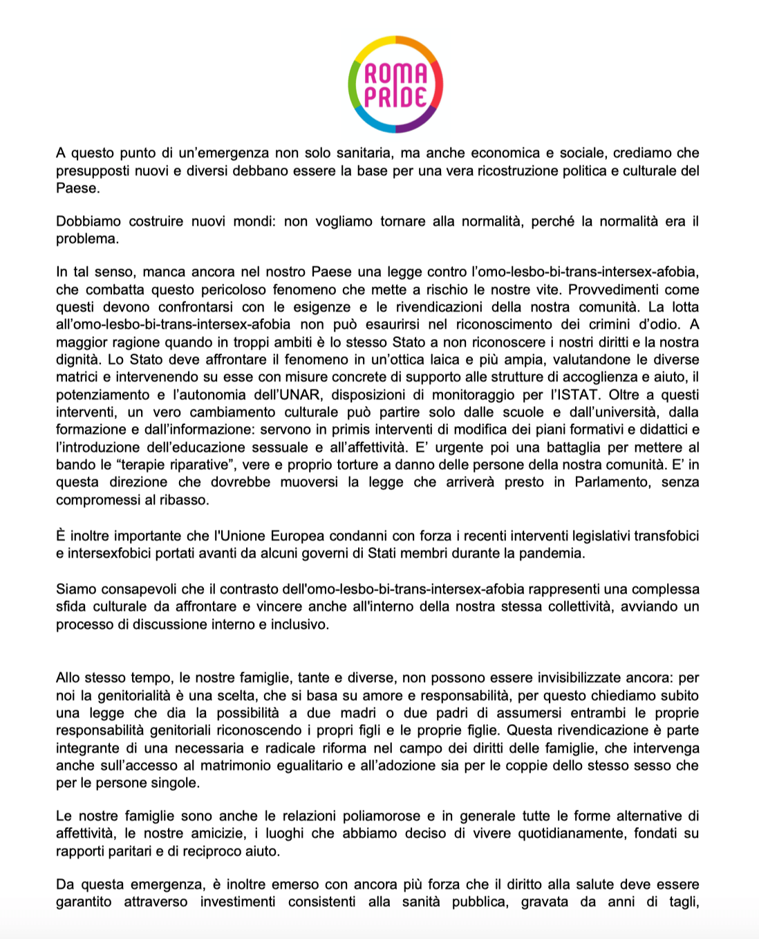 Roma Pride 2020, il Coronavirus ferma la parata ma non l’orgoglio - documento politico, spot e manifesto - Schermata 2020 06 13 alle 11.19.56 1 - Gay.it
