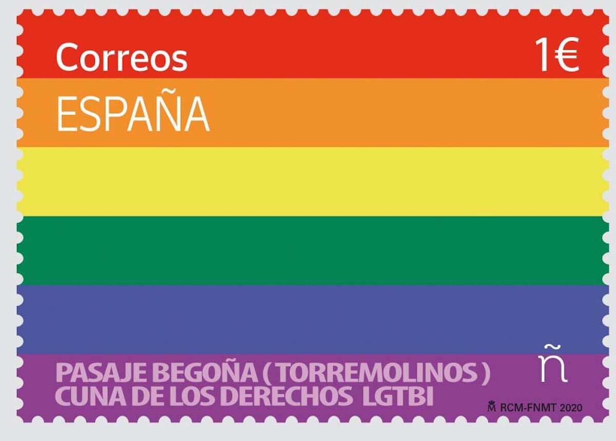 Spagna, francobollo arcobaleno per omaggiare il Pride Month e lo Stonewall spagnolo - correos sello orgullo lgtbi pasaje begona - Gay.it