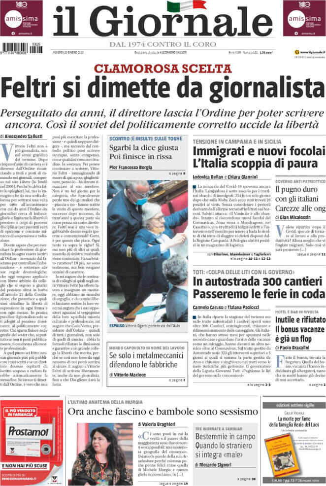 Vittorio Feltri si dimette dall'Ordine dei Giornalisti e Il Giornale lo tramuta in martire - il giornale 2020 06 26 5ef571de8f317 1 - Gay.it