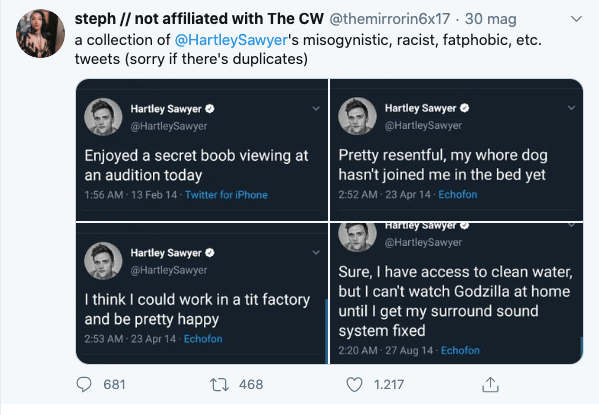 Hartley Sawyer cacciato da 'The Flash' per tweet omofobi, razzisti e misogini - tweet - Gay.it