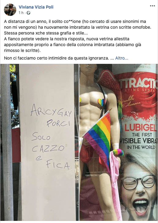 Rimini, ancora scritte omofobe all'entrata del sexy shop (che rilancia con una vetrina rainbow) - 0 - Gay.it