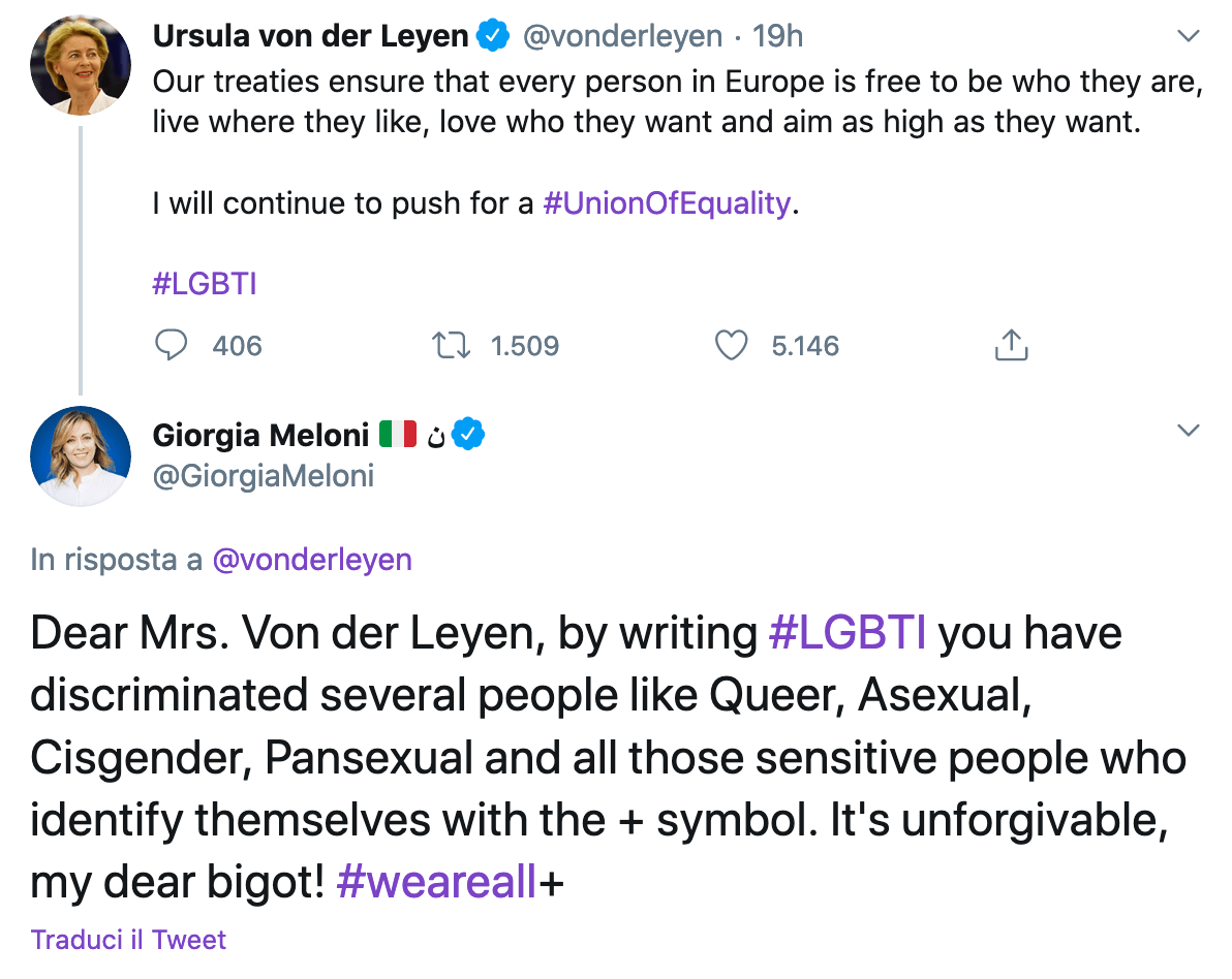 Giorgia Meloni sfotte Ursula von der Leyen sull'uguaglianza LGBT nell'Unione Europea - Giorgia Meloni sfotte Ursula von der Leyen - Gay.it