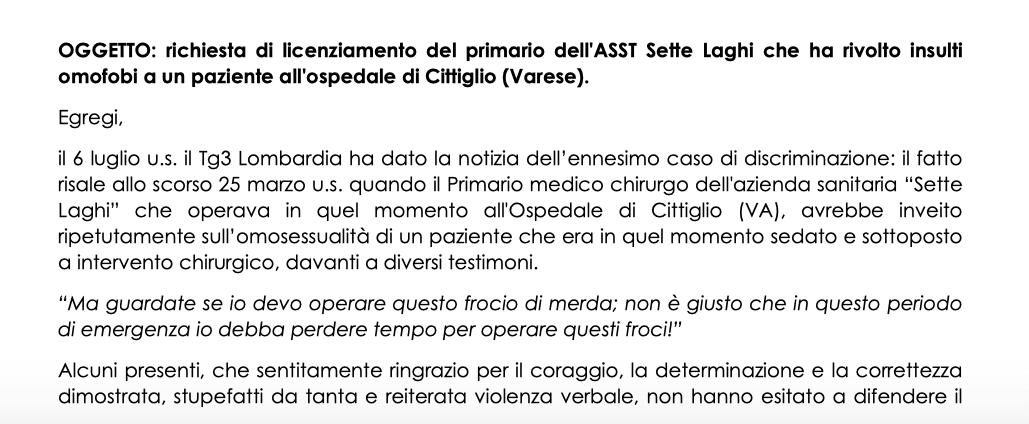 Sospeso il primario omofobo di Varese, ma M5S Lombardia chiede il licenziamento - Primario omofobo Varese M5S Lombardia chiede il licenziamento - Gay.it