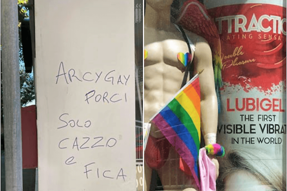 Rimini, ancora scritte omofobe all'entrata del sexy shop (che rilancia con una vetrina rainbow) - Rimini ancora scritte omofobe allingresso del sexy shop con vetrina rainbow - Gay.it