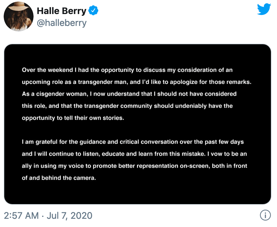 Halle Berry, "voglio interpretare un uomo trans in un film": dopo le polemiche il passo indietro e le scuse - Schermata 2020 07 07 alle 14.08.56 - Gay.it