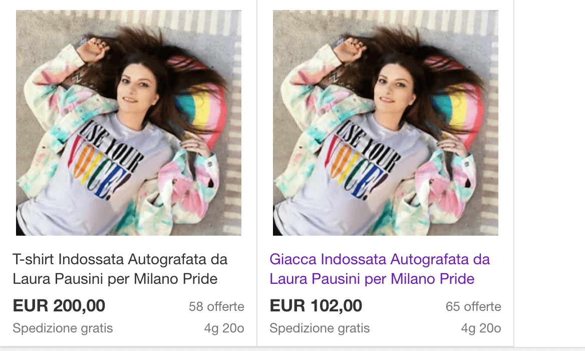 Laura Pausini mette all'asta su Ebay giubbotto e maglietta autografata per sostenere Arcigay Milano - Schermata 2020 07 24 alle 14.37.38 - Gay.it