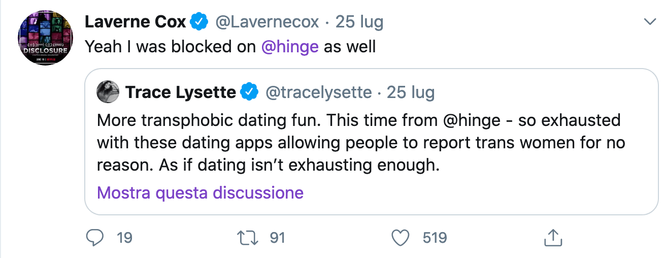 Laverne Cox e Trace Lysette bannate dall'app di incontri Hinge dopo pioggia di segnalazioni transfobiche - Schermata 2020 07 26 alle 19.10.58 - Gay.it