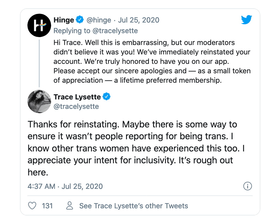 Laverne Cox e Trace Lysette bannate dall'app di incontri Hinge dopo pioggia di segnalazioni transfobiche - Schermata 2020 07 26 alle 19.11.19 - Gay.it