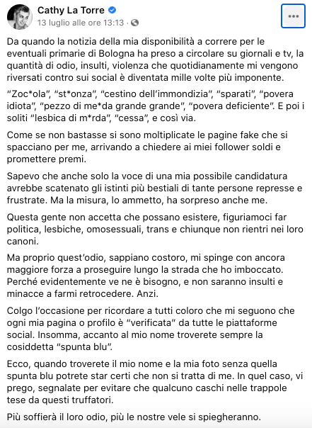 Cathy La Torre: indecenti insulti omofobi dopo l'annuncio della candidatura a sindaca di Bologna - commenti torre - Gay.it