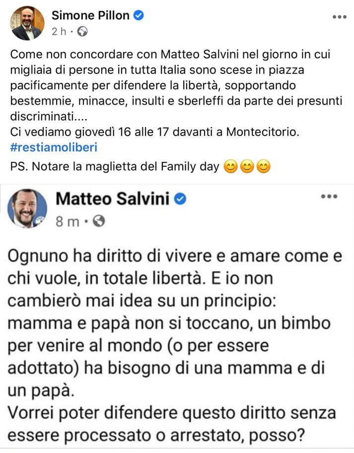 Matteo Salvini con la maglietta del Family Day ancora una volta all'attacco delle Famiglie Arcobaleno - pillon - Gay.it