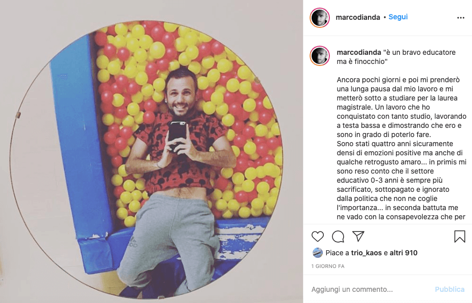 'È un bravo educatore, ma è finocchio': le vergognose parole dei genitori a Marco - screen marco - Gay.it