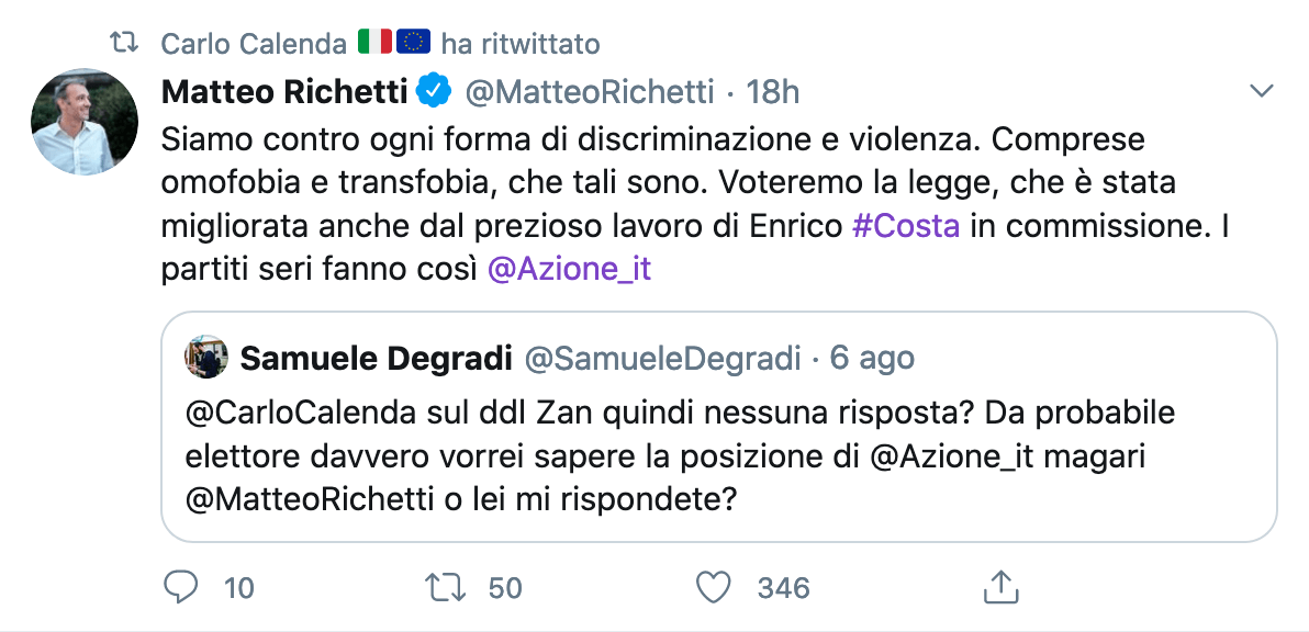 Matteo Richetti, "Azione voterà a favore del DDL Zan" (e Carlo Calenda replica stizzito) - Schermata 2020 08 11 alle 10.39.03 - Gay.it