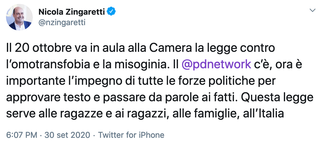 DDL Zan, Zingaretti: "Approvare la legge, serve alle ragazze e ai ragazzi, alle famiglie, all’Italia" - DDL Zan Zingaretti - Gay.it