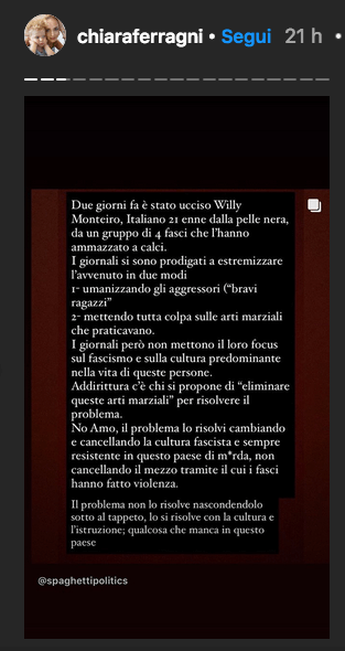 Omicidio Willy, Chiara Ferragni attacca: "Il fascismo lo combatti con la cultura e l'istruzione" - chiara ferragni - Gay.it