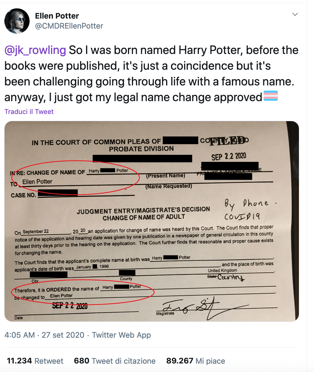 Si chiamava Harry Potter e ora, da donna transgender, ha cambiato nome in Ellen: il tweet alla Rowling è virale - ellen potter - Gay.it