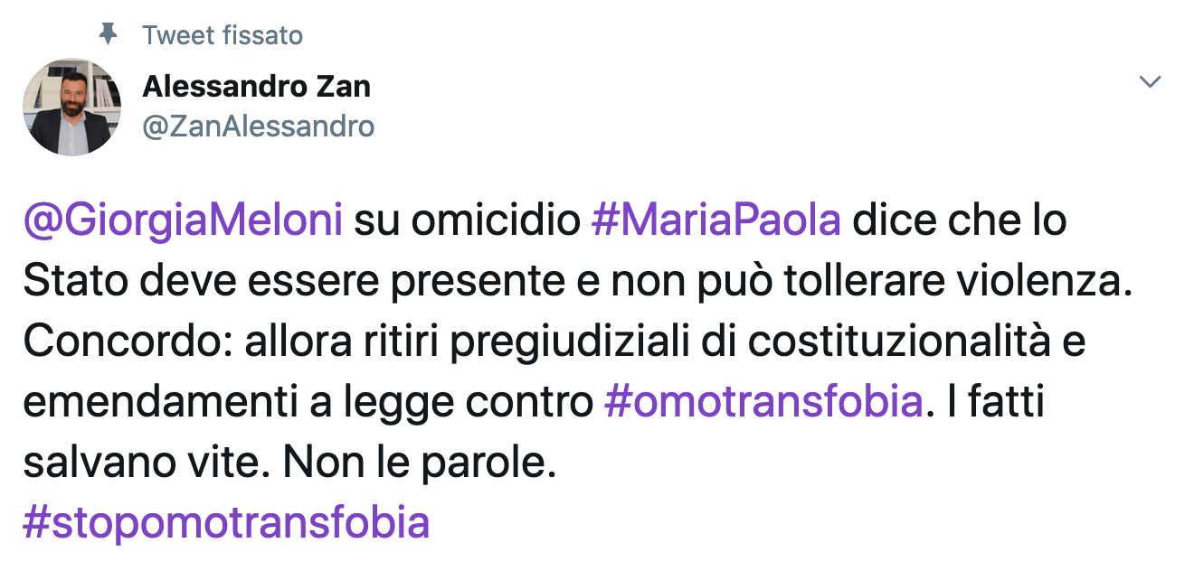 Meloni senza vergogna sull'omicidio di Maria Paola: "inaccettabile violenza contro i gay, lo Stato intervenga" - meloni e zan - Gay.it