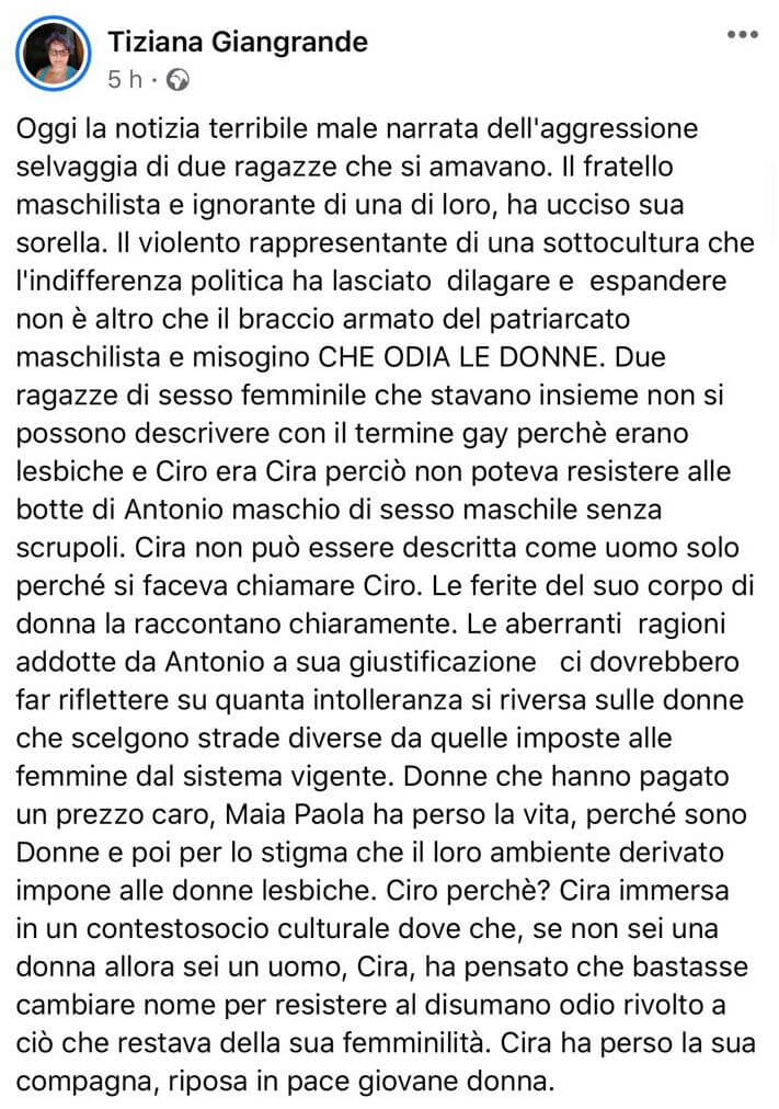 Arcilesbica senza vergogna: "Cira non può essere descritta come uomo solo perché si faceva chiamare Ciro" - post arcilesbica 1 - Gay.it