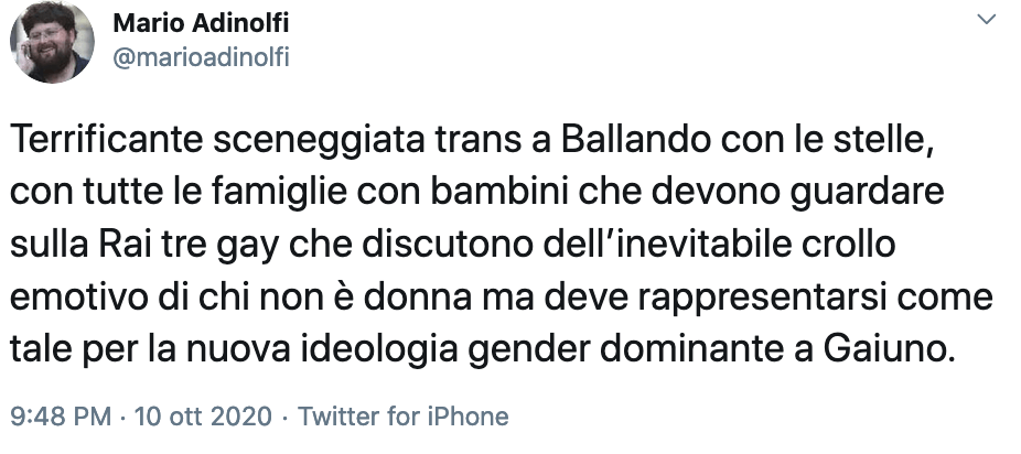 Osessione Adinolfi: "sabato sera di Canale 5 e Raiuno occupato militarmente da gay, lesbiche e trans" - Adinolfi 3 - Gay.it