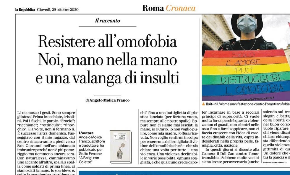 Roma, pioggia di insulti omofobi solo perché mano nella mano con il fidanzato: il racconto di Angelo Molica Franco - Angelo Molica Franco omofobia - Gay.it