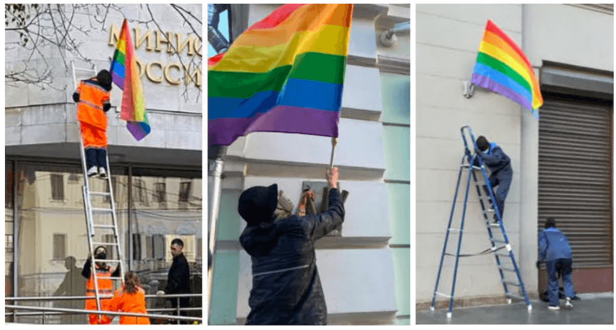 Le Pussy Riot festeggiano i 68 anni di Putin attaccando bandiere rainbow sui palazzi governativi russi