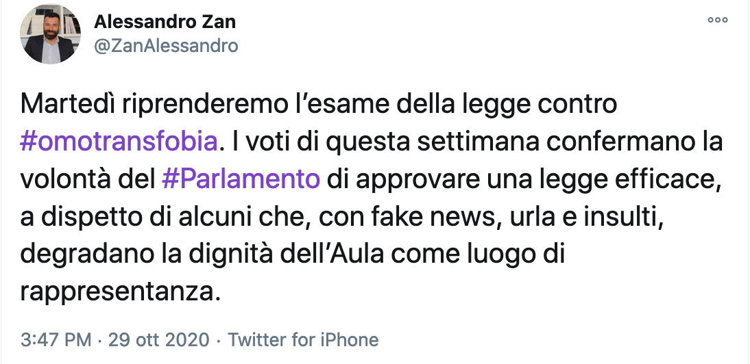 Omotransfobia, Zan: "approveremo la legge a dispetto di fake news, urla e insulti che degradano il Parlamento" - Omotransfobia Zan - Gay.it