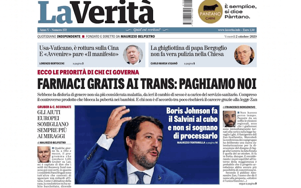 La Verità, titolo disgustoso in prima pagina: 'Farmaci gratis ai trans: Paghiamo noi' - verita trans - Gay.it