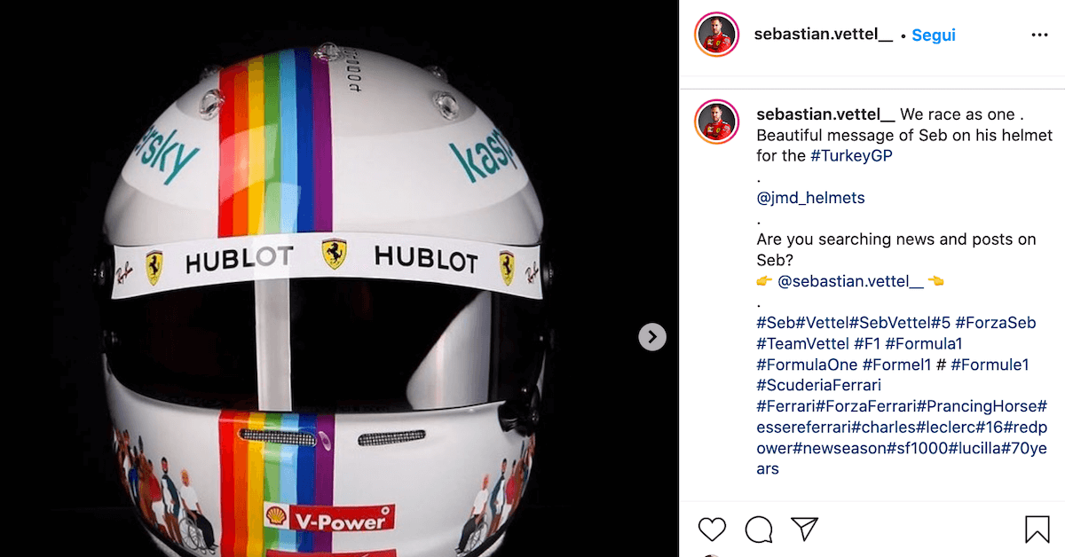 Ferrari, Sebastian Vettel in Turchia con un casco arcobaleno per dire basta alle discriminazioni - Ferrari Sebastian Vettel - Gay.it