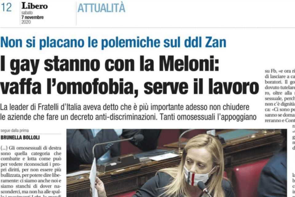 "Vaffa l'Omofobia, i gay stanno con la Meloni": Libero titola oltre il ridicolo - Vaffa lOmofobia i gay stanno con la Meloni - Gay.it