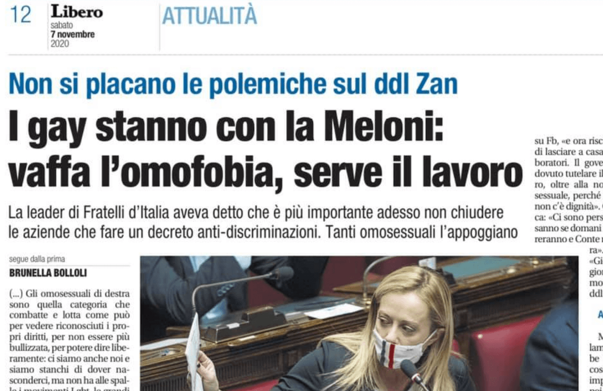 “Vaffa l’Omofobia, i gay stanno con la Meloni”: Libero titola oltre il ridicolo