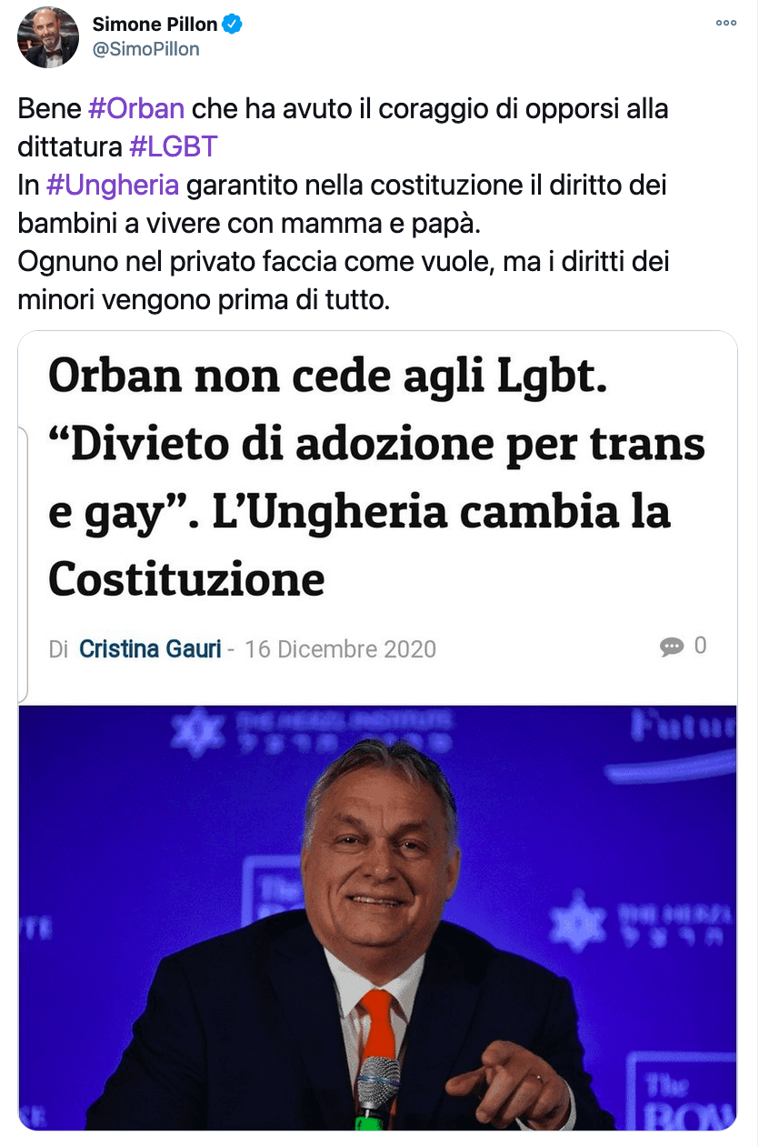 Pillon applaude l'omotransfobica Ungheria: "Bene Orban che ha avuto il coraggio di opporsi alla dittatura LGBT" - Pillon applaude lUngheria - Gay.it