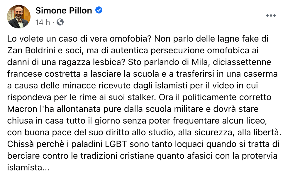 Mila, 30.000 minacce di morte per la ragazza lesbica che aveva risposto all'omofobia insultando l’Islam - Simone Pillon - Gay.it