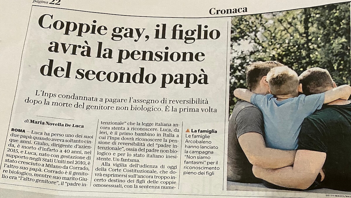 Al figlio la pensione di reversibilità del papà deceduto: sentenza storica a Milano - Al figlio la pensione di reversibilità del papà deceduto - Gay.it