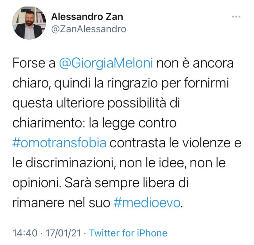 Alessandro Zan smonta le fake news di Giorgia Meloni: "Libera di rimanere nel tuo Medioevo" - Alessandro Zan smonta le fake news di Giorgia Meloni 2 1 - Gay.it