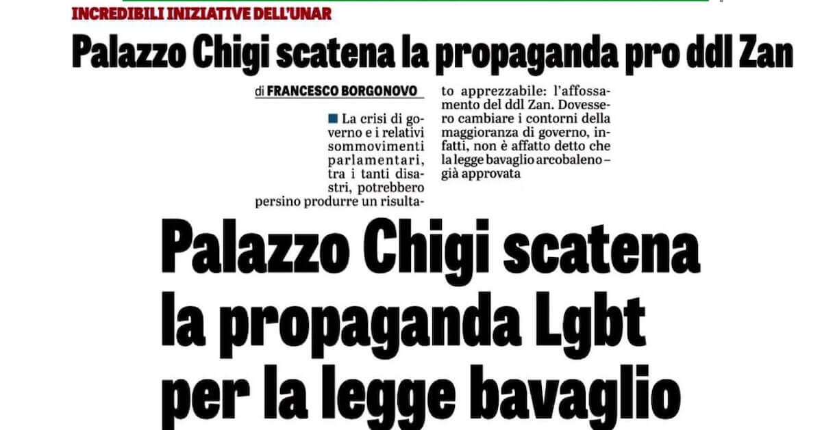 “Palazzo Chigi scatena la propaganda pro DDL Zan”: insensato attacco de La Verità a un seminario UNAR