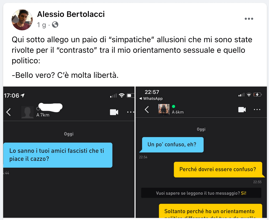 20enne gay di Fratelli d'Italia deriso su Grindr annuncia querele e tuona: “Basta con l’odio ideologico-politico” - Alessio Bertolacci 2 - Gay.it