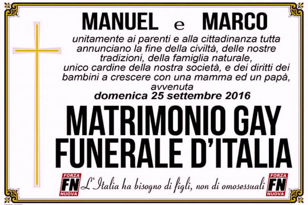 Cesena, condannato Mirco Ottaviani di Forza Nuova: affisse manifesti funebri su coppia gay