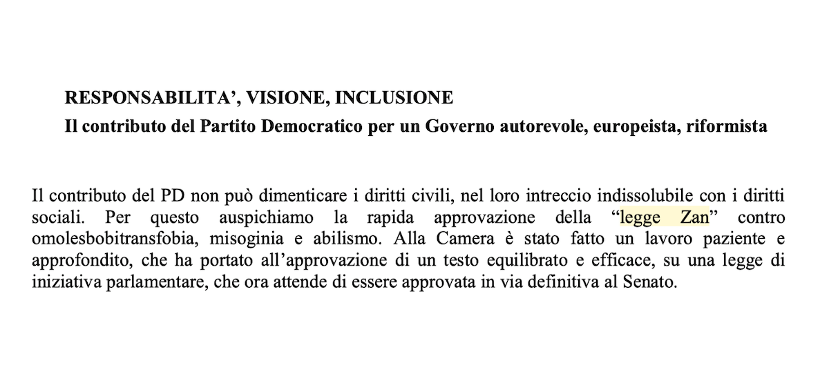 DDL Zan, il Pd chiede a Mario Draghi "la rapida approvazione della legge contro l'omotransfobia" - DDL Zan il Pd chiede a Mario Draghi - Gay.it