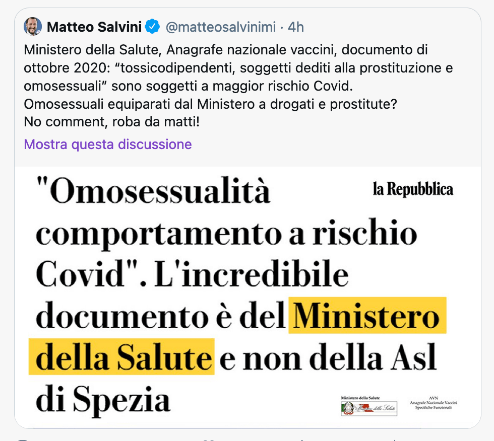 Ministero della Salute: "rischio Covid determinato dai comportamenti, non dall'orientamento sessuale" - Salvini - Gay.it