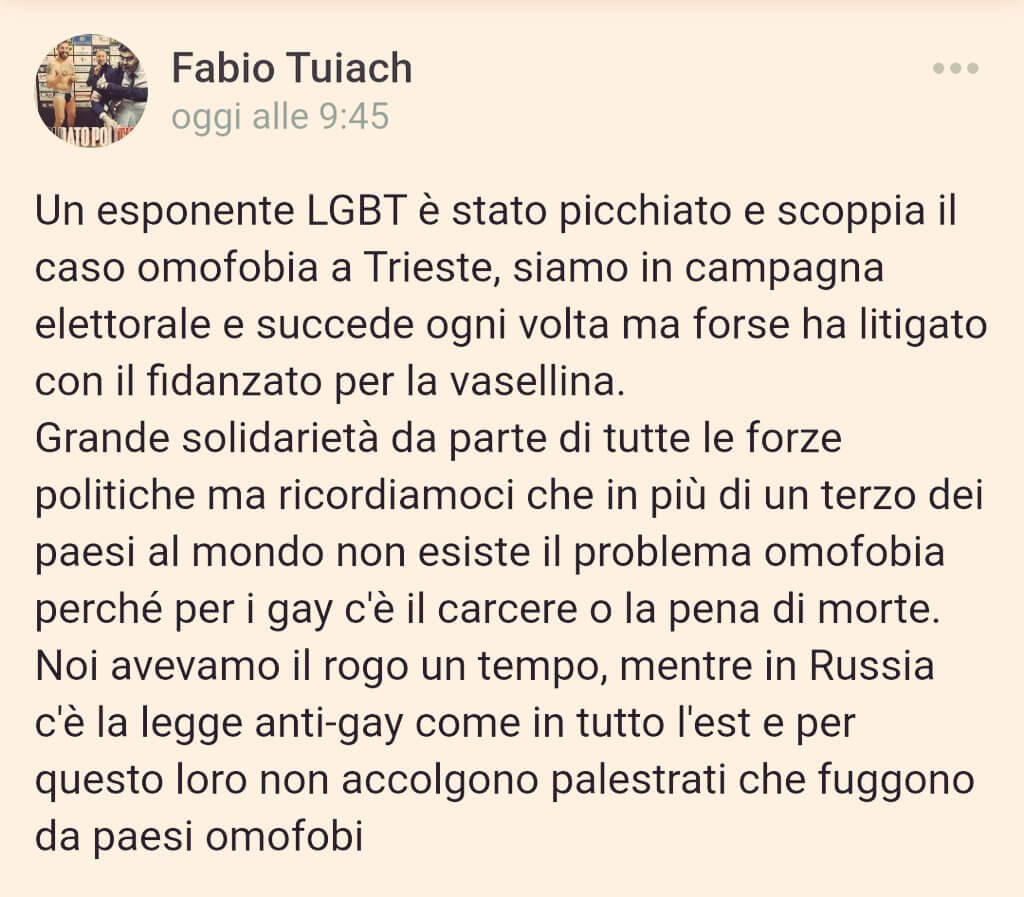 Pestaggio omofobo a Trieste, Tuiach choc: "altrove il problema non esiste perché per i gay c'è la pena di morte" - Tuiach Trieste - Gay.it