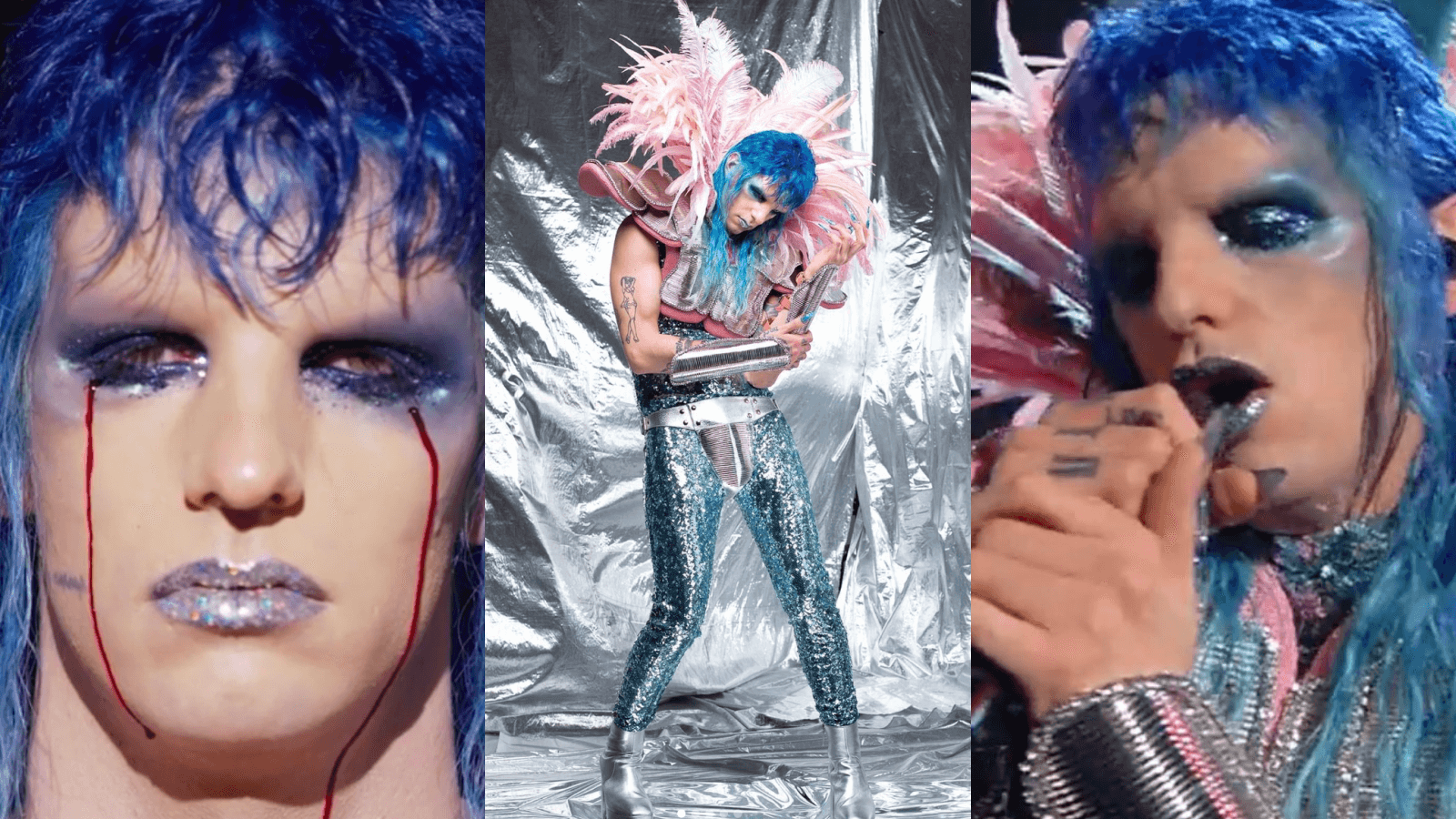 Sanremo 2021: Achille Lauro omaggia il glam rock, tra piume rosa e lacrime di sangue – FOTO