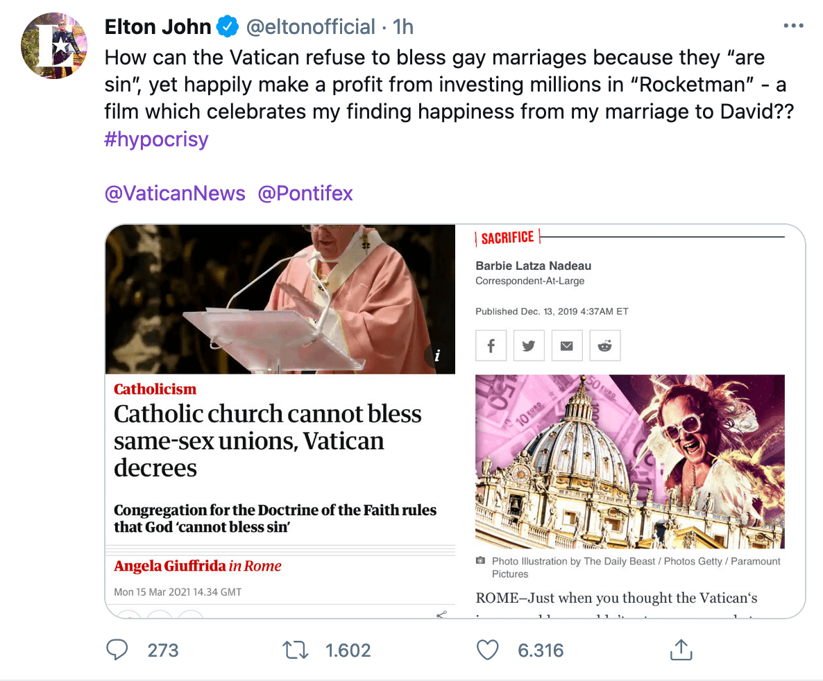 Elton John vs. Vaticano: "Dice no alle benedizioni per le coppie LGBT ma trae profitto dal mio biopic Rocketman" - Elton John sbugiarda il Vaticano - Gay.it