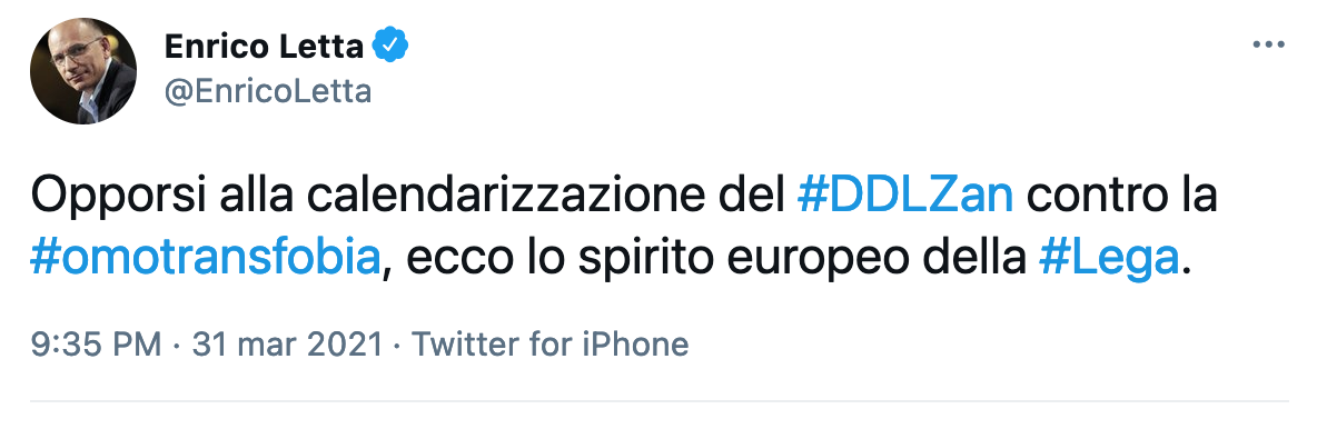 Enrico Letta vs. Lega: "Opporsi alla calendarizzazione del DDL Zan, ecco il loro spirito europeo" - Enrico Letta 1 - Gay.it