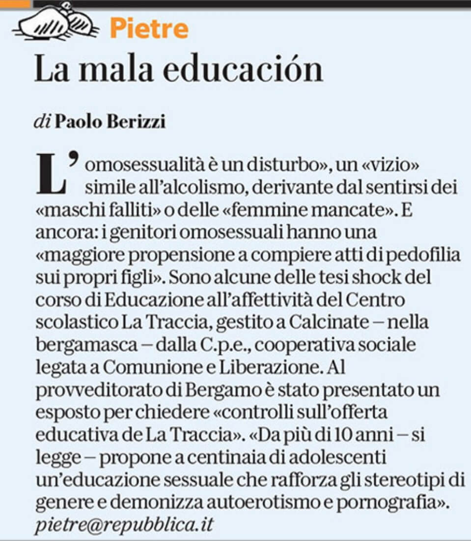 Bergamo, corso di Educazione sessuale choc: "Gay più propensi a compiere atti di pedofilia sui figli" - EwJhCf9WgAIpADt - Gay.it