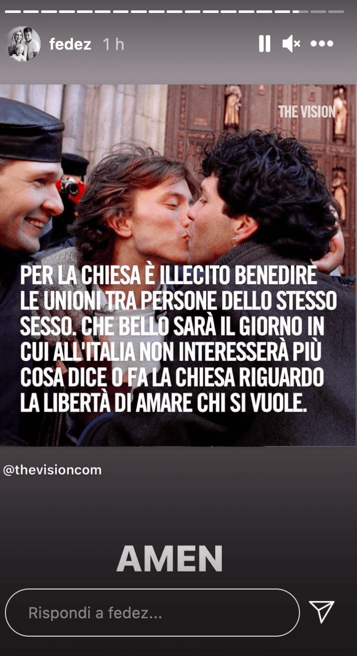 Fedez: "Che bello sarà il giorno in cui all'Italia non interesserà più cosa dice la Chiesa sulla libertà di amare" - Fedez Vaticano - Gay.it