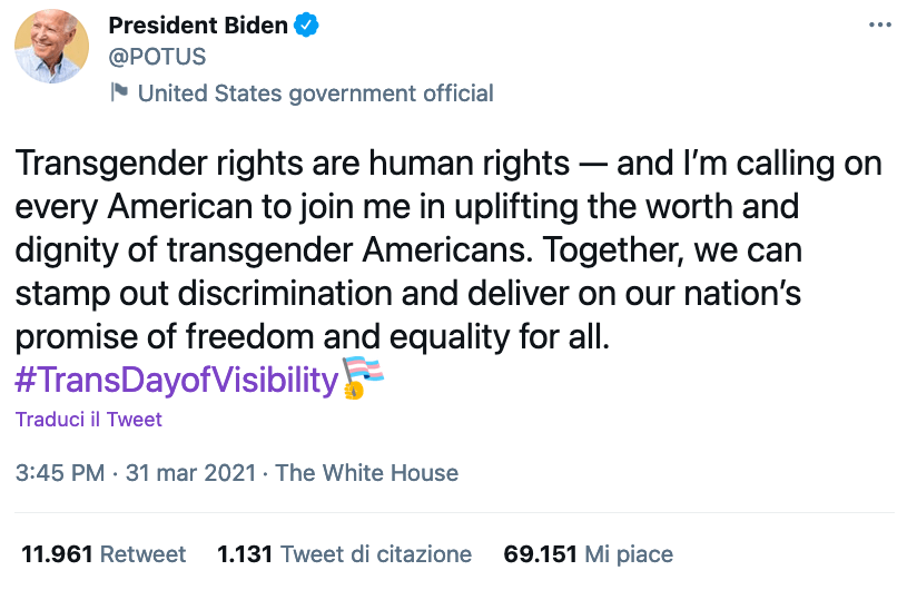 Joe Biden fa la Storia: "i diritti transgender sono diritti umani, unitevi a me per dar loro dignità" - Joe Biden 1 - Gay.it
