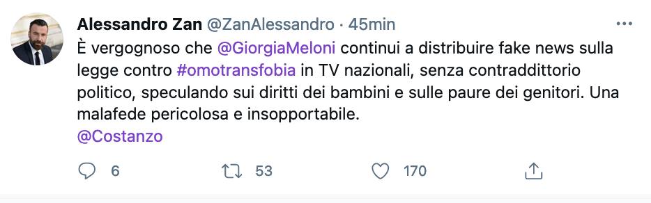 Zan vs. Meloni: "Vergognoso che continui a diffondere fake news sulla legge contro l'omotransfobia in tv" - Zan vs Meloni 1 1 - Gay.it