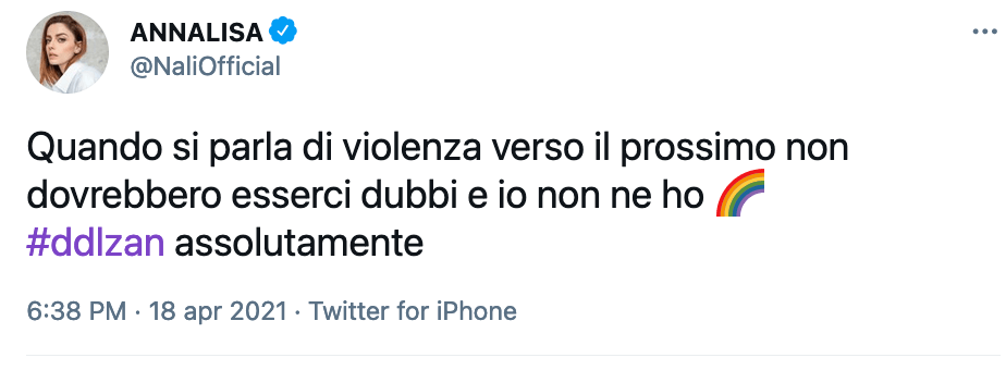 Annalisa: "DDL Zan assolutamente, non dovrebbero esserci dubbi e io non ne ho!" - Annalisa - Gay.it