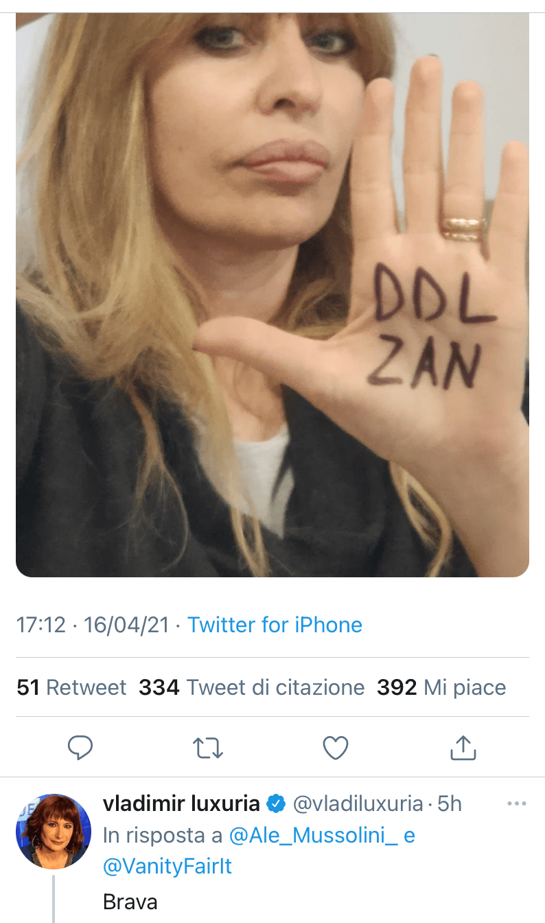 DDL Zan, Vladimir Luxuria applaude Alessandra Mussolini ("Brava") mentre Selvaggia Lucarelli attacca - DDL Zan Luxuria applaude Alessandra Mussolini 2 - Gay.it