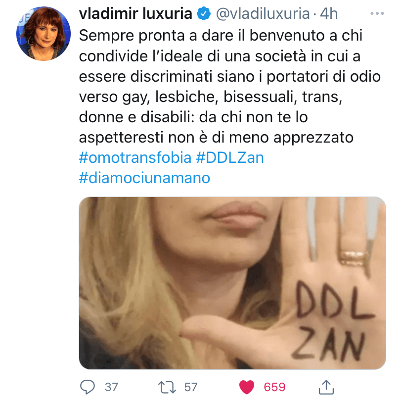 DDL Zan, Vladimir Luxuria applaude Alessandra Mussolini ("Brava") mentre Selvaggia Lucarelli attacca - DDL Zan Luxuria applaude Alessandra Mussolini - Gay.it